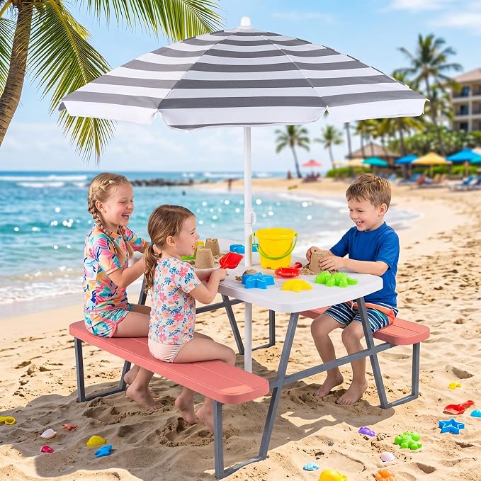 Costzon Kids Picnic Table, Toddler Outdoor Table & Bench Set with Removable Umbrella, HDPE Tabletop, Metal Frame, Kids Outdoor Furniture for Patio Backyard Garden, Fits 4 Children Age 3+ (Pink)
