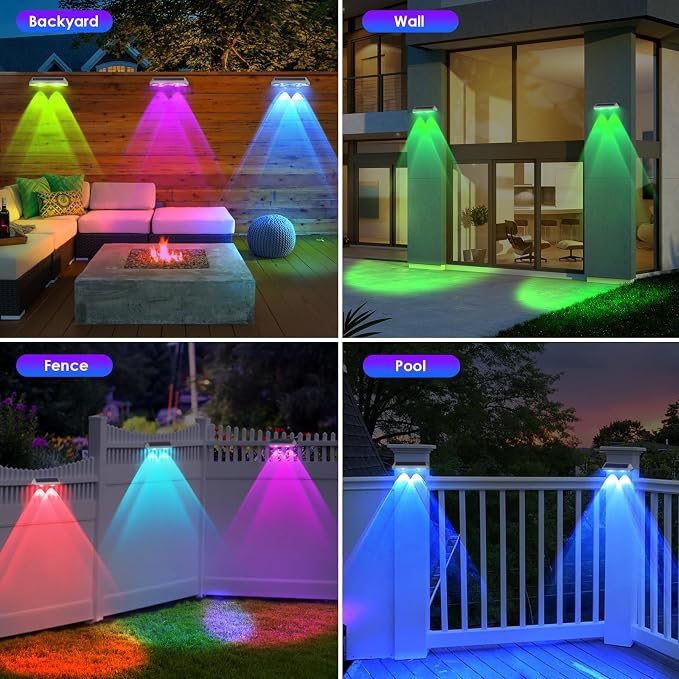 LIANGLOME 2 Pack Solar Fence Lights Outdoor, 2PK Solar Outdoor Light Warm White & RGB Solar Powered Lights for Outside Backyard, Patio, Deck Fence, Stair Handrail, Pool and Wall