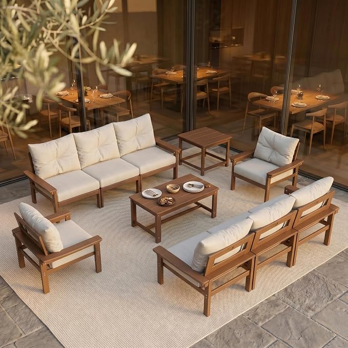 Beige HDPE Patio Sofa Set, 3-Piece Sectional Outdoor Patio Furniture Set, All Weather Outdoor Couch Set with Washable Thick Cushions for Lawn, Garden, Balcony, Deck, Porch, Yard