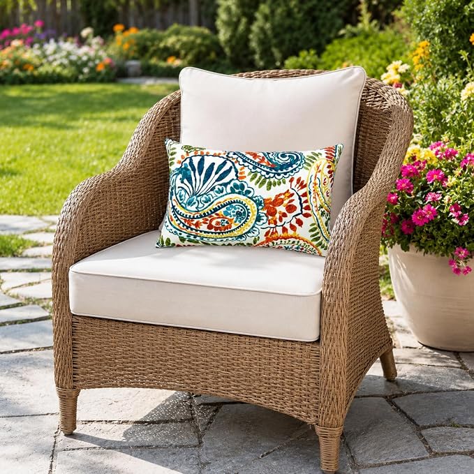 Outdoor Patio Lumbar Pillows Pack of 2, 12"x20" | Fade Resistant Outdoor Waterproof Lumbar Pillow with Inners Decorative Garden Lumbar Cushions for Home Patio Terrace Sofa