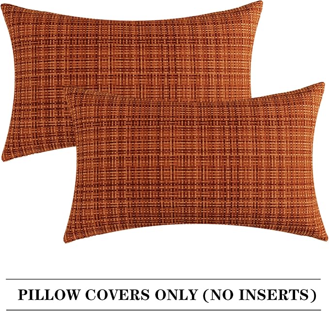 Kevin Textile Outdoor Waterproof 12"x20" Pillow Covers 2 Pack, Burnt Orange | Fall Water Resistant, Faux Linen Yarn-dyed, Woven Texture Throw Pillow Covers for Tent Patio Garden Couch Sofa