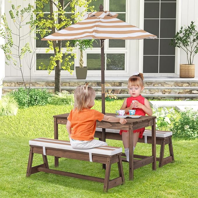 KOTEK Kids Picnic Table with Umbrella Foldable, Backyard Wooden Table & Bench Set w/Removable Cushions, Activity Art Play Table, Indoor Outdoor Toddler Picnic Table for Patio, Lawn & Garden (Brown)