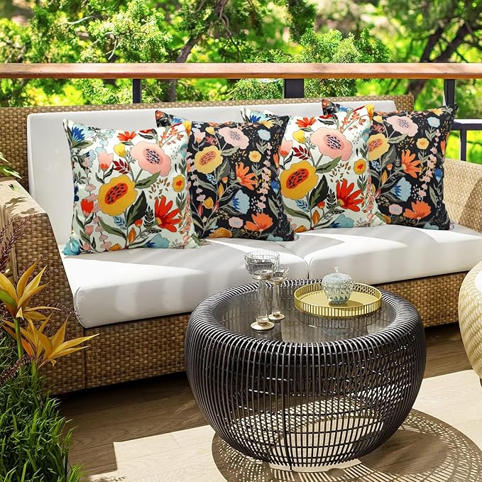 Floral Outdoor Throw Pillow Covers 18x18 Waterproof Colorful Summer Spring Garden Decorative Square Patio Pillows Outdoor Pillows Covers for Patio Furniture Set of 2 (No Pillow Insert)