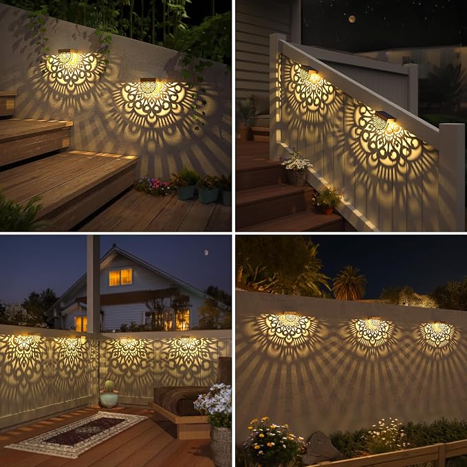 6 Pack Solar Fence Lights Outdoor Wall Lights Gold Plastic Solar Powered Deck Step Stair Lights Mandala Theme Waterproof Fence Solar Light for Garden Post Patio Backyard Yard Decor
