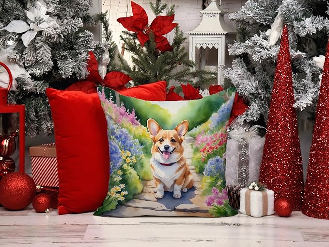 Caroline's Treasures Corgi Spring Path Throw Pillow Machine Washable, Indoor Outdoor Decorative Pillow for Couch, Bed or Patio, 14Hx14W