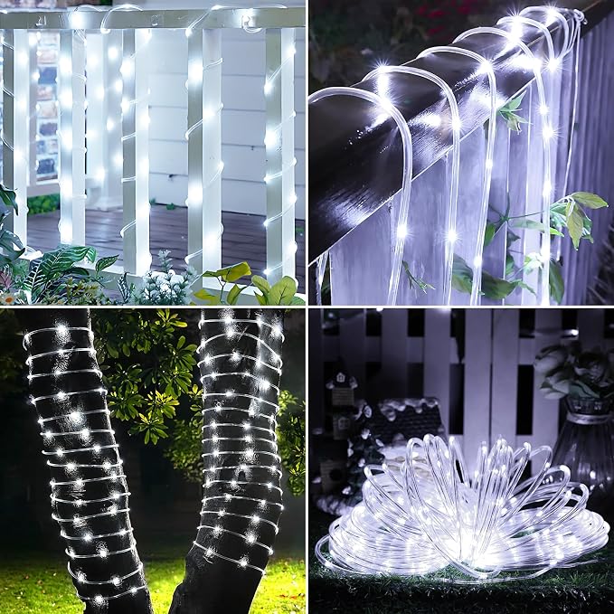 Jnaurb Solar Rope Lights, 33ft 100LED Solar String Lights, 8 Modes Waterproof Solar Outdoor Light, Flexible Clear Trampoline Light for Garden Backyard Patio Deck Porch, Pool Tree Decoration - White