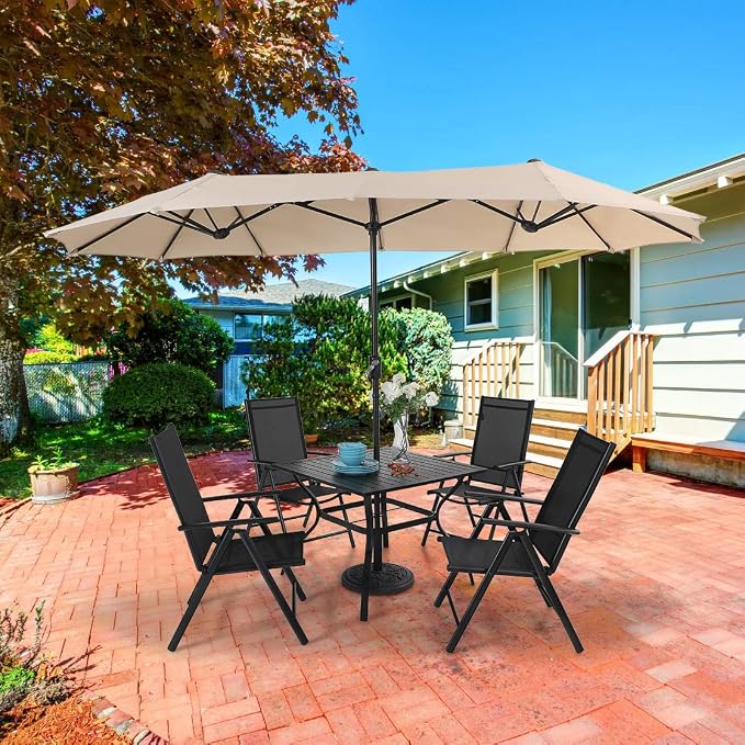 PHI VILLA Outdoor Patio Dining Set with Umbrella, Outside Table and Folding Chair Set for 4 and 1 Large Patio Table Umbrella(Beige)