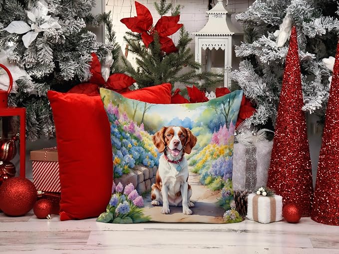 Caroline's Treasures Brittany Spaniel Spring Path Throw Pillow Machine Washable, Indoor Outdoor Decorative Pillow for Couch, Bed or Patio, 14Hx14W