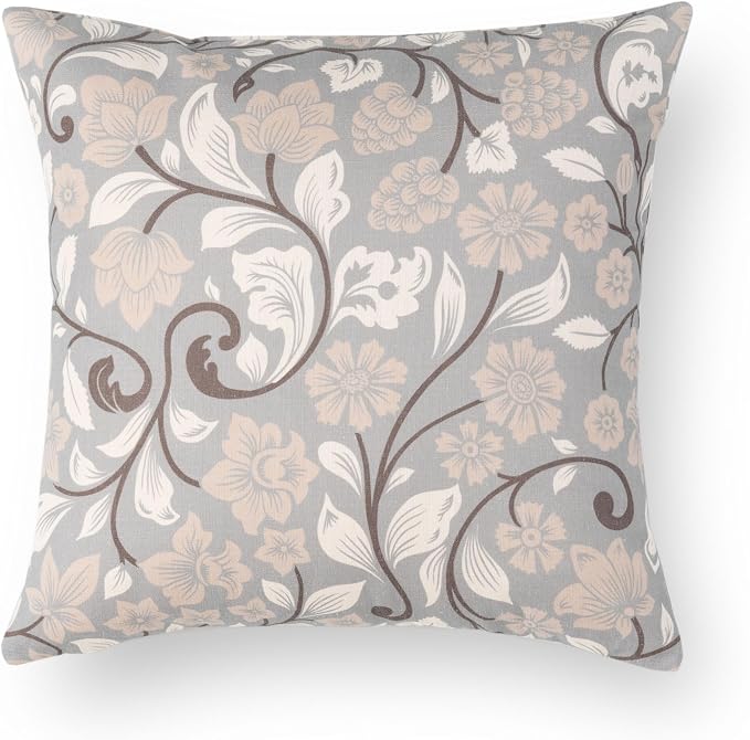 Modern Farmhouse Fall Linen Indoor Outdoor Throw Pillow Cover Only, 20"x20" Water Repellent for Patio, Backyard, Couch, Brown and Gray Floral