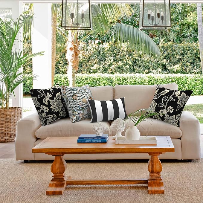 Outdoor 20x20 Inch Throw Pillows with Inners, Square Pillows Decorative Set of 2 for Home Garden Furniture, Elegant Vines Black