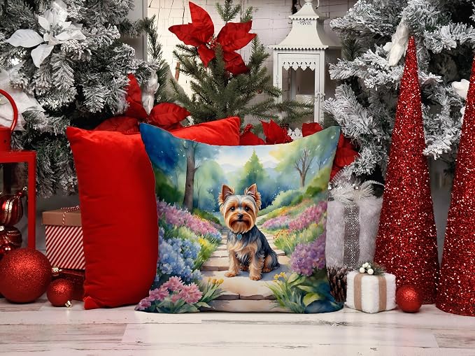 Caroline's Treasures Yorkshire Terrier Spring Path Throw Pillow Machine Washable, Indoor Outdoor Decorative Pillow for Couch, Bed or Patio, 14Hx14W
