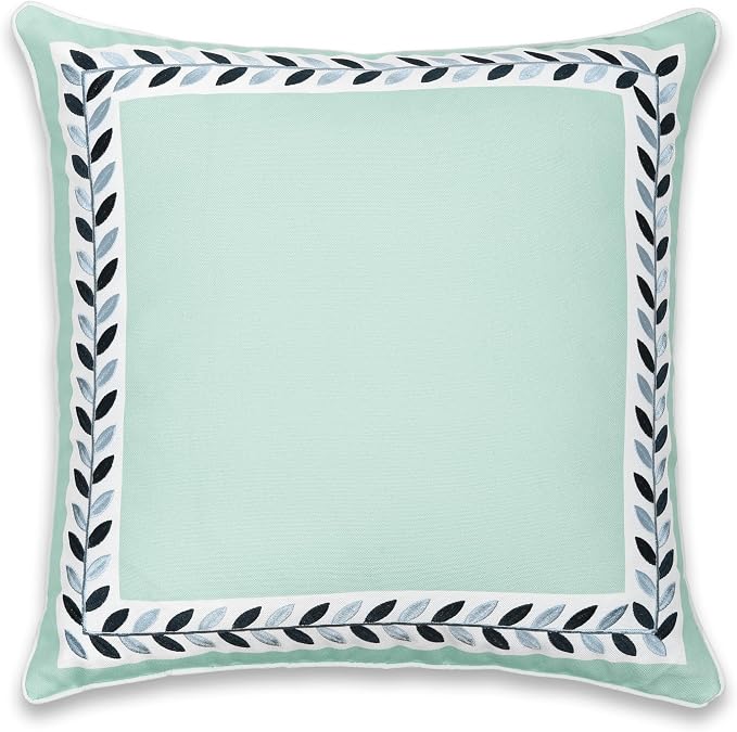 Hofdeco Premium Coastal Patio Indoor Outdoor Throw Pillow Cover Only, 20"x20" Water Repellent for Backyard, Couch, Aqua Embroidered Frame Leafs with Piping