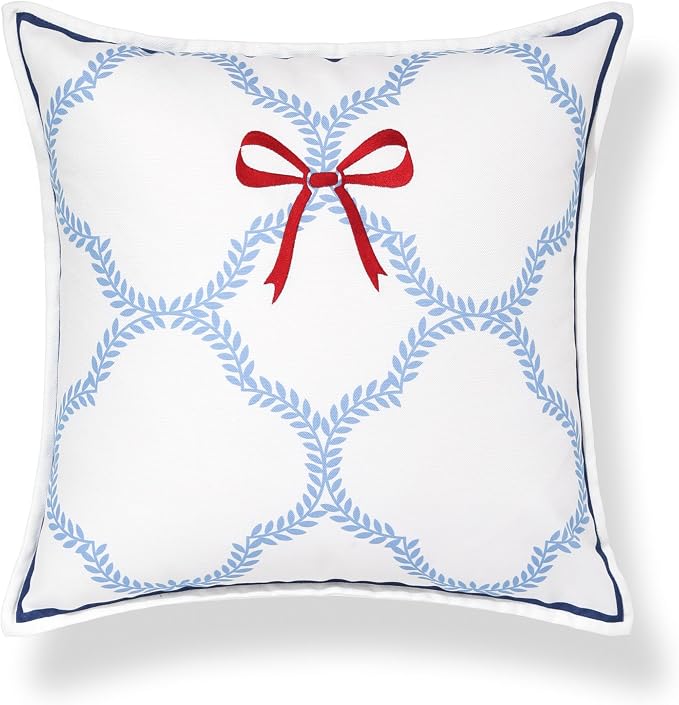 Hofdeco Premium Coastal Hampton Patio Indoor Outdoor Throw Pillow Cover Only, 20"x20" Water Repellent for Backyard, Couch, Poolside, Azure Blue Red Embroidered Ribbon Bow Tie on Leaves