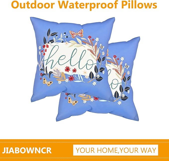 18" Outdoor Throw Pillows Set of 4, Waterproof & Fade Resistant Patio Furniture Pillows with Built-in Inserts, All-in-One Blue Hello Print Design for Sofa, Patio or Backyard Relaxation