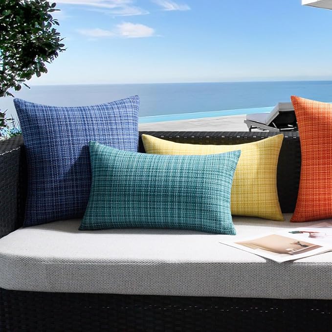 UGASA Outdoor Waterproof Throw Pillow Covers Pack of 2 Patio Water Resistant Pillow Cases Summer Woven Texture Decorative for Outside Garden Porch Yard Bench Tent 18x18 Inch, Navy Blue