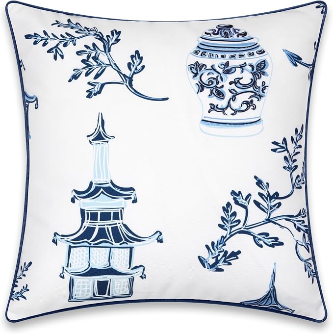 Hofdeco Premium Coastal Patio Indoor Outdoor Throw Pillow Cover Only, 20"x20" Water Repellent for Backyard, Couch, Navy Blue Chinoiserie with Piping