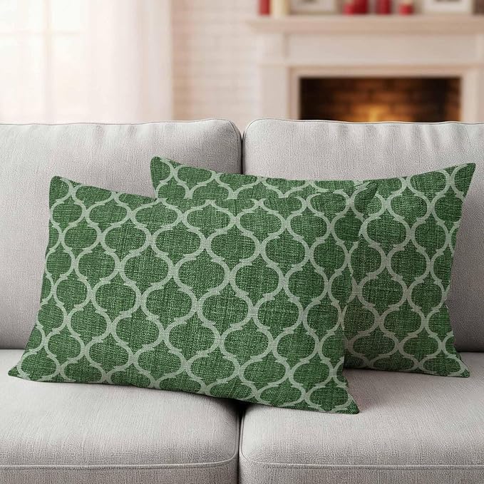 Dark Green Moroccan Outdoor Pillow Covers 20x12 Inch Lumbar Pillow Covers Set of 2 Waterproof Decorative Throw Pillow Cases Middle Century Quatrefoil Plaid Art Cushion Covers for Patio Furniture
