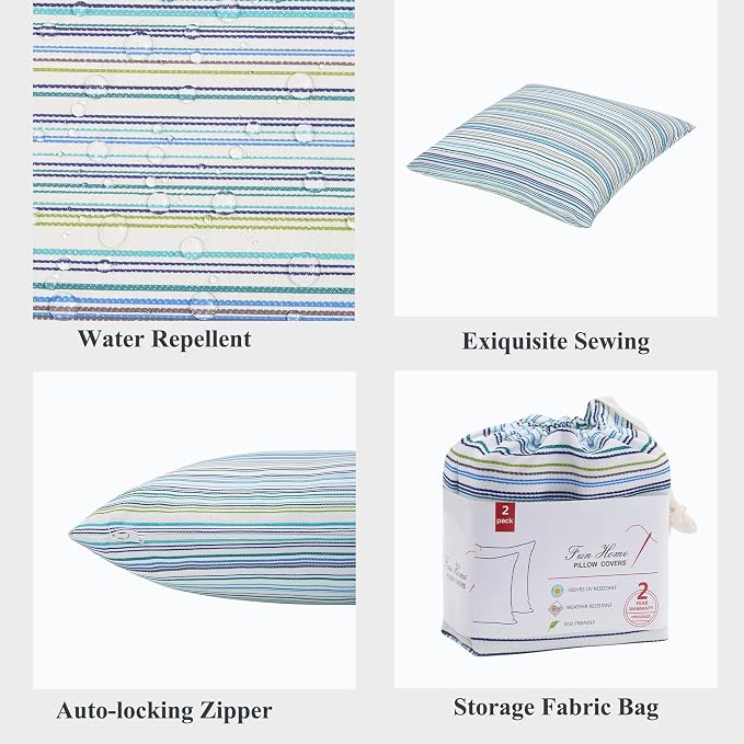 FUNHOME Outdoor Pillow Covers 18x18 Inch Pack of 2, No Insert-Blue Stripe | Square Throw Pillow Covers, Water-Repellent, Modern Pillow Cases for Sofa Patio Couch Decoration