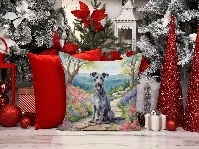 Caroline's Treasures Scottish Deerhound Spring Path Throw Pillow Machine Washable, Indoor Outdoor Decorative Pillow for Couch, Bed or Patio, 14Hx14W