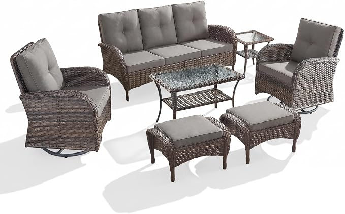 7 Piece Patio Furniture Set - Wicker Patio Conversation Set with Swivel Glider, 3 Seat Sofa, 2 Ottomans, Glass Side Table and Coffee Table for Deck Backyard - Brown Wicker Grey Cushion