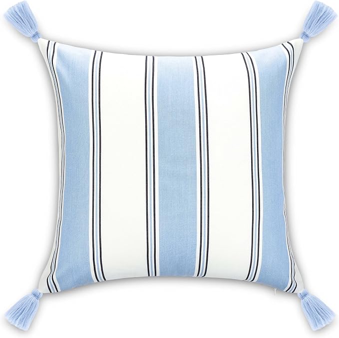 Hofdeco Premium Coastal Hampton Outdoor Performance Throw Pillow Cover Only, 20"x20" Water Repellent, UV and Fade Resistant for Backyard, Couch, Poolside, Azure Blue Indigo Woven Harbor Stripes
