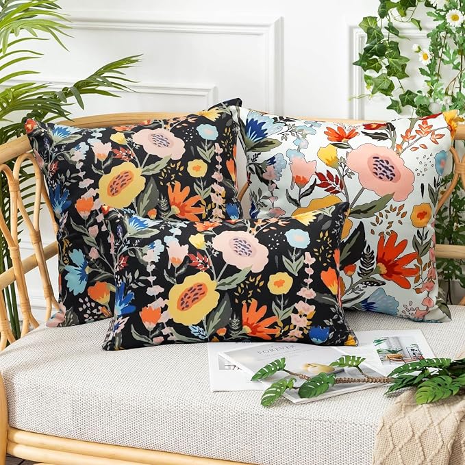 Floral Outdoor Throw Pillow Covers 16x16 Waterproof Colorful Summer Spring Garden Decorative Square Patio Pillows Outdoor Pillows Covers for Patio Furniture Set of 2 (No Pillow Insert)