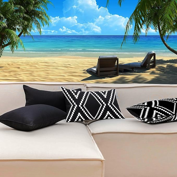 Outdoor Pillow Waterproof Set of 2, Black and White Throw Pillows for Patio Furniture, Outdoor Pillow Covers for Couch, White More (Black&white-01, 12x20 Inch)