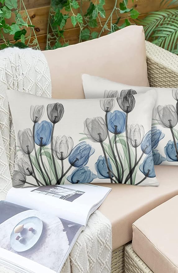 Vandarllin Outdoor Throw Pillows Covers 12X20 Set of 2 Waterproof Gray Blue Tulip Decorative Zippered Lumbar Cushion Covers for Patio Furniture, Spring Summer Flowers Floral