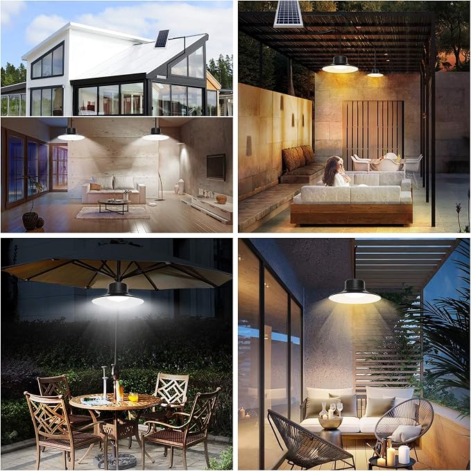 NIORSUN Solar Indoor Lights Outdoor, LED Solar Pendant Lights 3 Color Dimmable Lighting with Remote Control, Gazebo Lights,2x16.4ft Cable IP65 Waterproof for Garden, Patio, Garage, Camp(2 Pack)