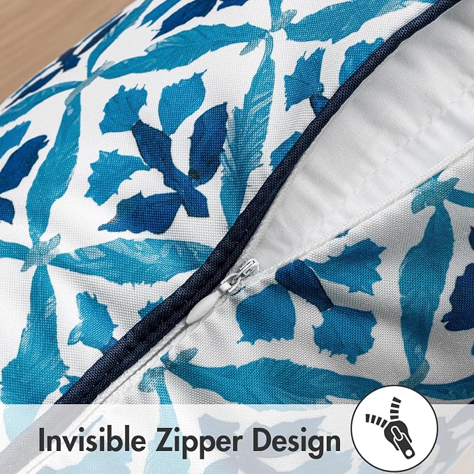 MIULEE Outdoor Floral Pillow Covers Waterproof 18x18 Navy Blue | Decorative Block Print,Boho Farmhouse, Set of 2 Coastal Summer Cushion Covers with Piping,Garden Patio Furniture Porch Couch