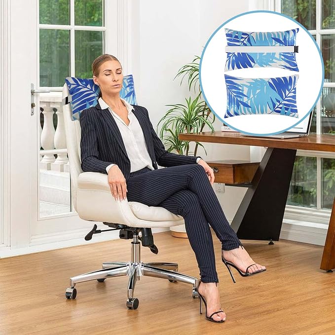 Outdoor Pillow for Chaise Lounge Chair, 2pcs Chaise Lounge Pillows Lumbar Pillows with Insert and Adjustable Elastic Strap for Patio Beach Office Chair, Blue Leave