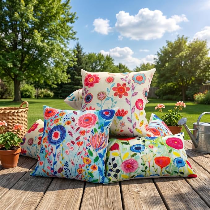 Colorful Floral Outdoor Throw Pillow Covers 18x18 Waterproof, Set of 4 | Floral Pillow Cases, Flower Decor, Spring Summer Outdoor Pillows for Patio Furniture Porch, No Decorative Pillow Inserts