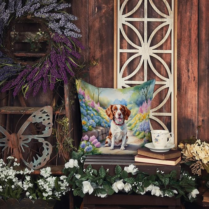 Caroline's Treasures Brittany Spaniel Spring Path Throw Pillow Machine Washable, Indoor Outdoor Decorative Pillow for Couch, Bed or Patio, 18Hx18W