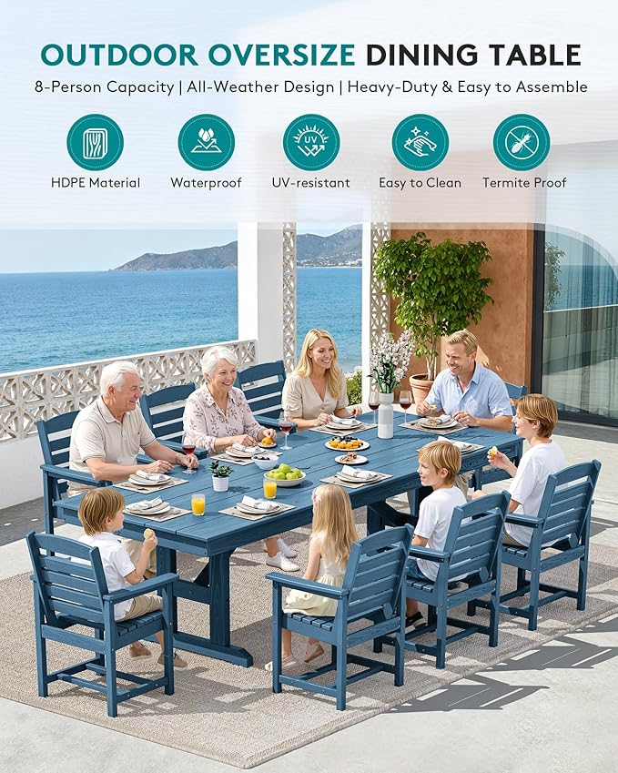 SERWALL Outdoor Dining Chairs Set of 2, All-Weather HDPE Patio Chair with 19.7" Widened Seat, for Backyard, Garden, Blue