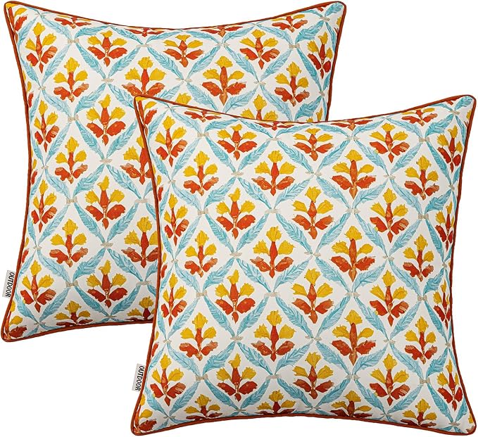 MIULEE Outdoor Floral Pillow Covers Waterproof 20x20 Orange Teal Red | Decorative Block Print,Boho Farmhouse, Set of 2 Coastal Summer Cushion Covers with Piping,Garden Patio Furniture Porch Couch