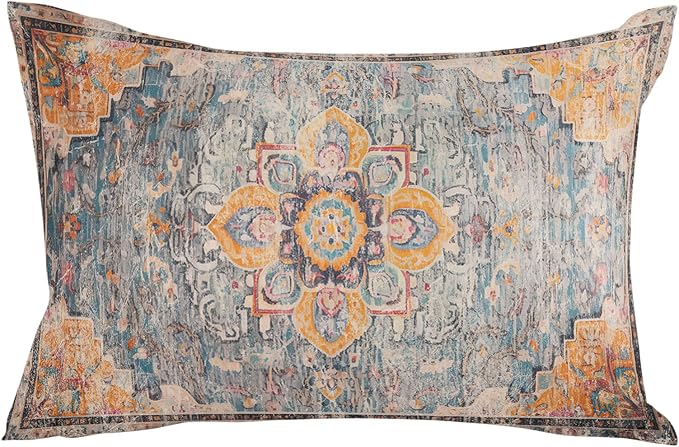 Prime Leader Outdoor Waterproof Pillow Covers Set of 2, Geometric Abstract Carpet Flowers Pattern Yellow Patio Throw Pillow Covers, Decorative Cushion Case for Couch Sofa Furniture Garden, 20x12 Inch