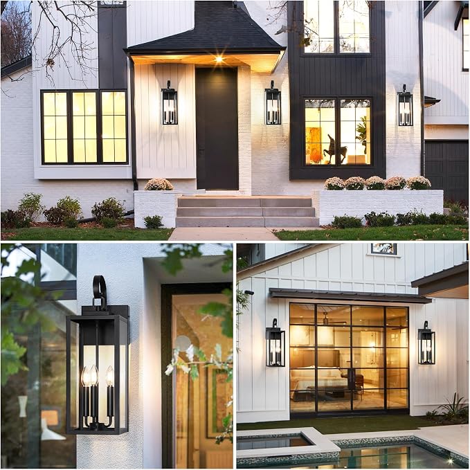 BesLowe 23" Large Outdoor Wall Light, 3-Light Black Exterior Sconce | Waterproof, Rust-Resistant, Durable Metal with Clear Glass, Standard E12 Socket, Easy to Install