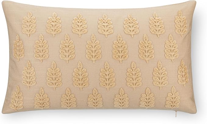 Crumbs Home Modern Farmhouse California Casual Indoor Outdoor Lumbar Pillow Cover, 12"x20" Water Repellent for Patio, Backyard, Couch, Poolside, Earth Tone Ivory Cream Tan Embroidered Leaves