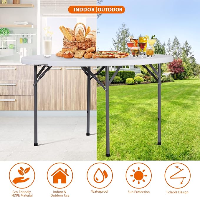 48" Round Folding Table Plastic Card Table Circle Dining Table Heavy Duty Portable w/Handle for Picnic Party Camping Dining Wedding Event Indoor Outdoor Lightweight White