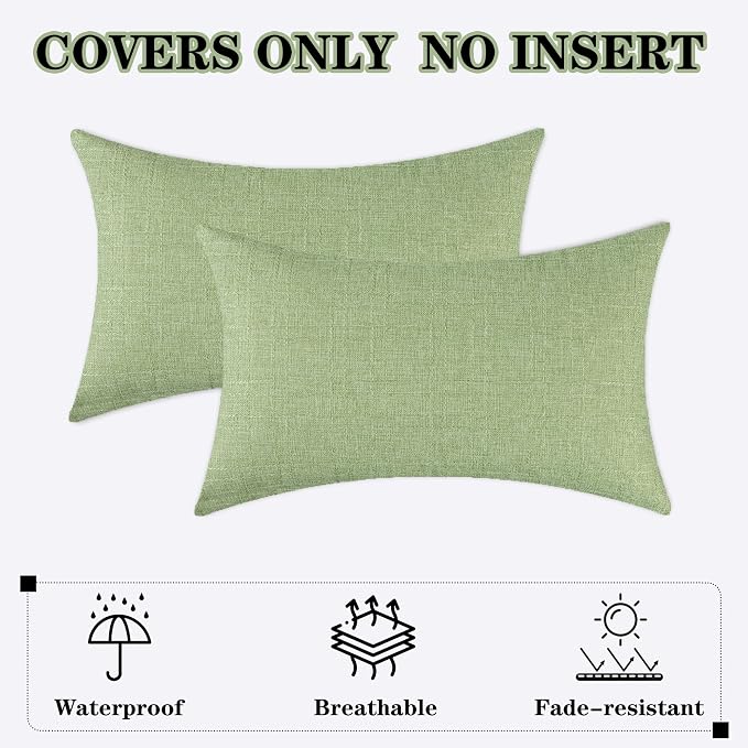 Kevin Textile Outdoor Waterproof 12”x24” Pillow Covers 2 Pack, Sage Green | Water Resistant, Soft Faux Linen-cotton Yarn-dyed Woven Texture Throw Pillow Covers for Tent Patio Garden Couch Sofa