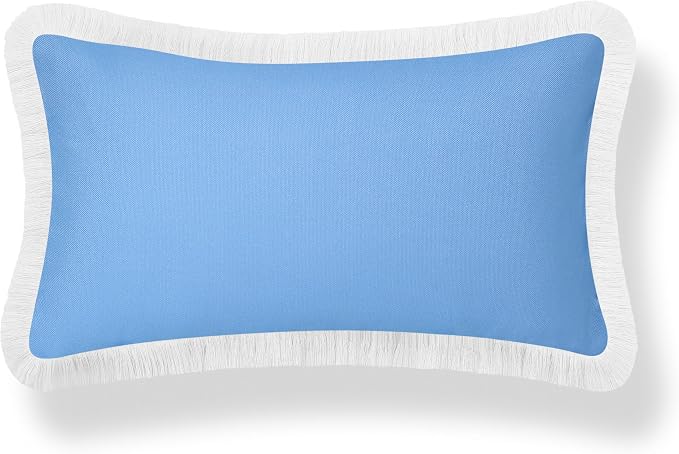 Hofdeco Premium Coastal Hampton Patio Indoor Outdoor Lumbar Pillow Cover Only, 12"x20" Water Repellent for Backyard, Couch, Poolside, Azure Blue Print Solid