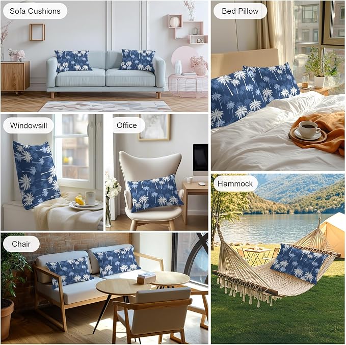Lumbar Pillow Covers 20x12 Inch Set of 2, Tropical Palm Tree Waterproof Outdoor Pillow Covers, Navy Blue White Plants Coastal Leaf Decorative Cushion Pillowcases for Couch, Sofa, Bed, Garden, Patio