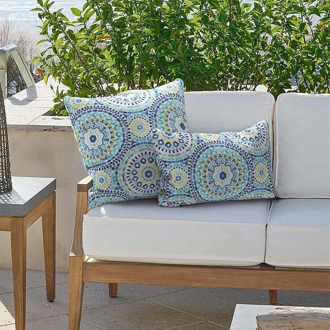 Outdoor Lumbar Pillows 12x20 inch, Rectangle Throw Pillows with Inserts, Decorative Lumbar Cushions for Patio Furniture Garden Couch Home Sofa Office Chair, Pack of 2, Delancey Lagoon