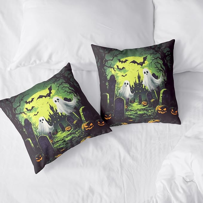 2 Pack Halloween Pillow Covers 16x16 Graveyard Ghost Throw Pillow Covers Horror Spooky Green Full Moon Night Pillow Case Bat Pumpkin Cushion Case for Holiday Party Decor Couch Sofa