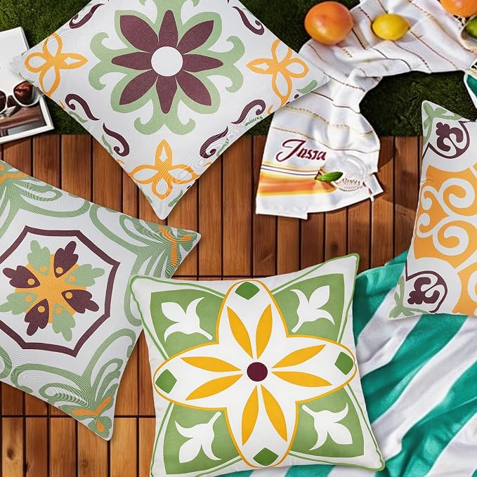 Pyonic Sage Green Outdoor Pillows Waterproof Throw Pillow Covers Set of 4 | Floral Printed and Boho Farmhouse Outdoor Pillow Covers for Patio Funiture Garden 18x18 Inch
