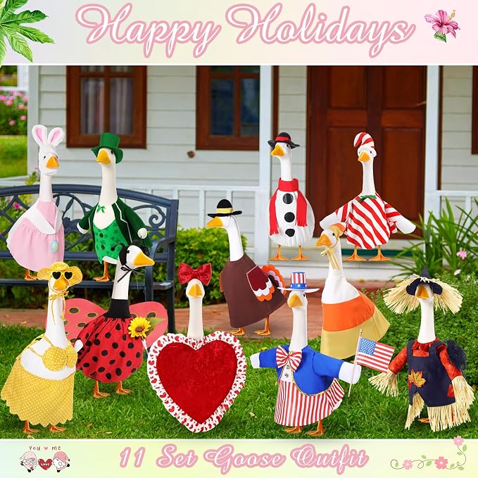 11 Set Holiday Porch Goose Outfits All Seasons Goose Clothes Umbrella Easter Statue Costume for Patio Lawn Outdoor