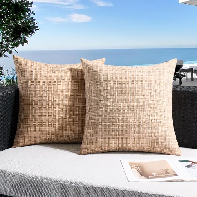 UGASA Outdoor Waterproof Throw Pillow Covers Pack of 2 Patio Water Resistant Pillow Cases Summer Woven Texture Decorative for Outside Garden Porch Yard Bench Tent 18x18 Inch, Beige