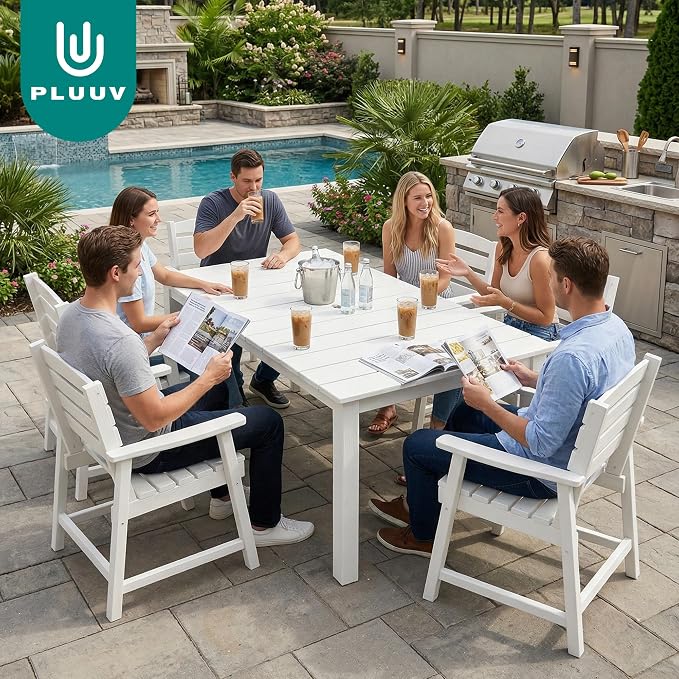 PLUUV Patio Dining Chairs Set of 2, HDPE Armless Patio Chairs with 350 lbs Weight Capacity, All-Weather Outdoor Dining Chairs for Backyard, Garden, Deck, Wood-Like Texture, White