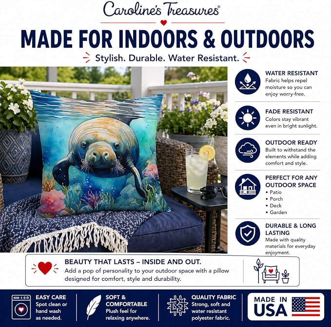 Caroline's Treasures Manatee Throw Pillow Machine Washable, Indoor Outdoor Decorative Pillow for Couch, Bed or Patio, 14Hx14W