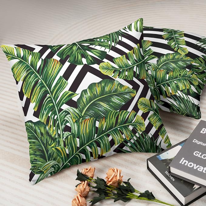 Tropical Green Leaves Throw Pillow Covers 18x18 Set of 2 Summer Palm Tree Pillow Cases Geometric Black and White Square Decorative Pillow Covers Modern Home Decor for Sofa Bed